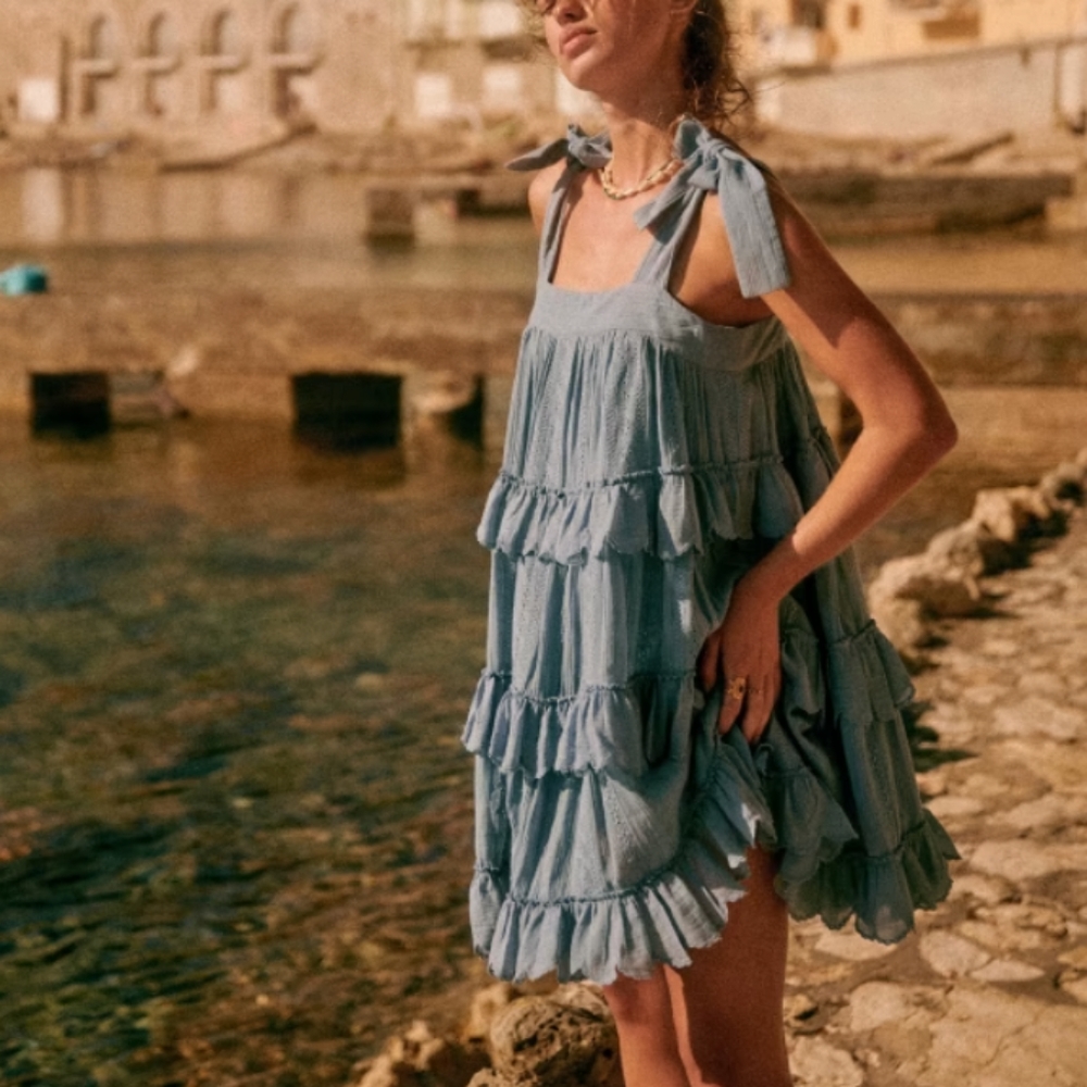 Sezane Blue Oriane Mini Lace Eyelet Dress
